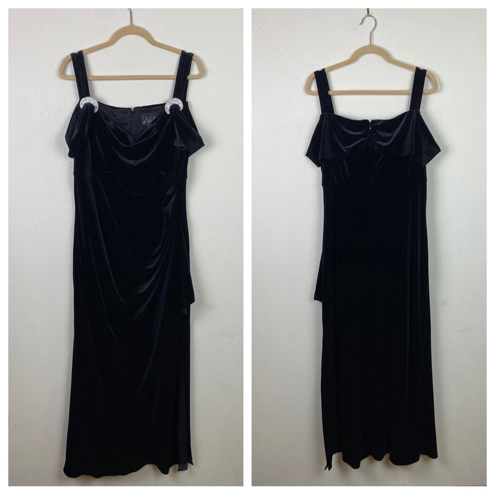 Alex Evenings | Black Velvet Rhinestone Cold Shoulder Drape Gown 16